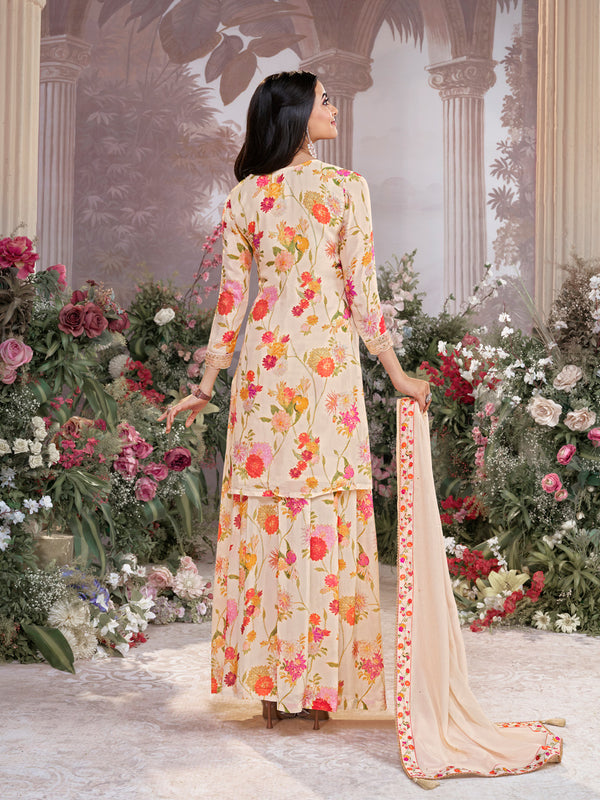 Off-White Chinon Sharara Suit Set with Floral Print and Embroidery Work