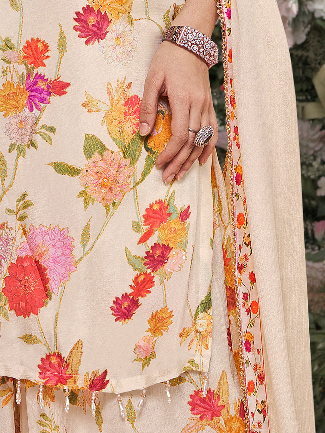Off-White Chinon Sharara Suit Set with Floral Print and Embroidery Work