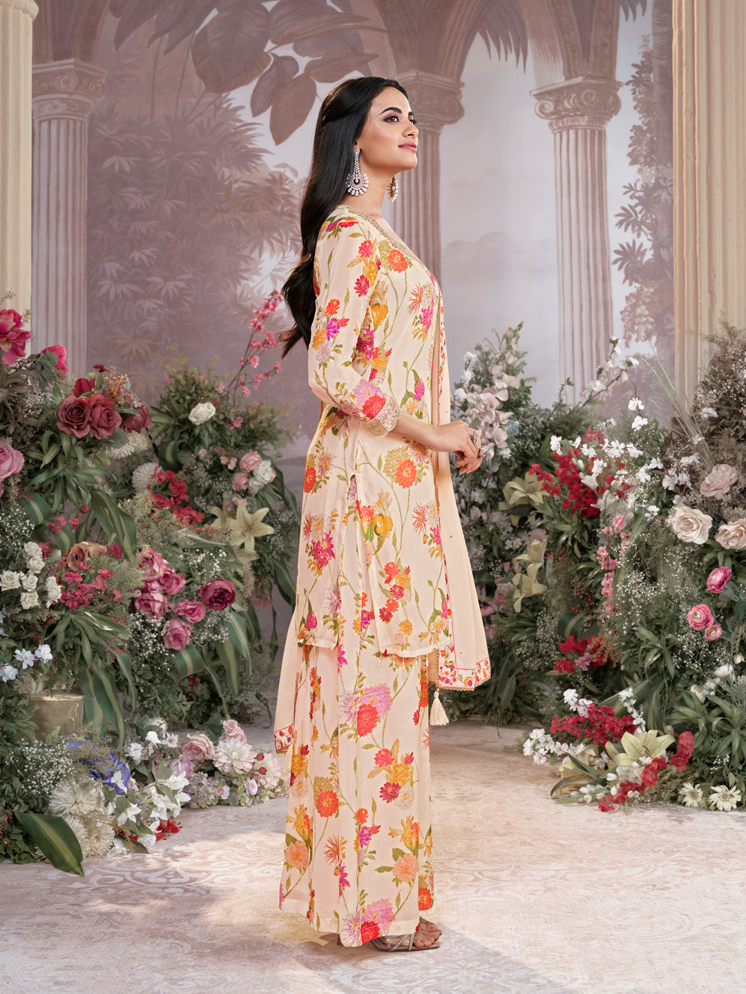 Off-White Chinon Sharara Suit Set with Floral Print and Embroidery Work