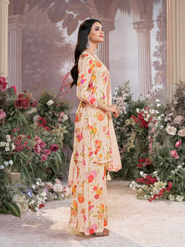 Off-White Chinon Sharara Suit Set with Floral Print and Embroidery Work