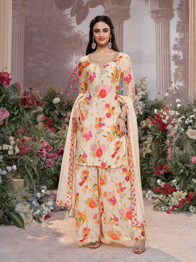 Off-White Chinon Sharara Suit Set with Floral Print and Embroidery Work