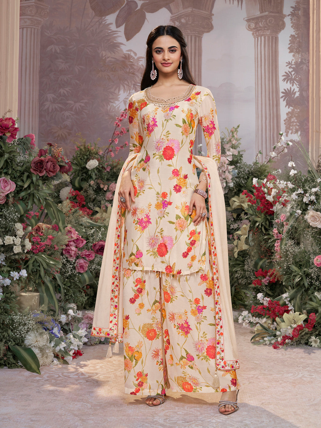 Off-White Chinon Sharara Suit Set with Floral Print and Embroidery Work