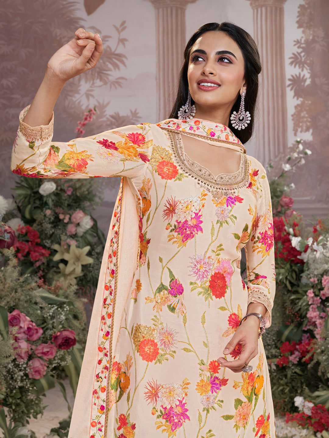 Off-White Chinon Sharara Suit Set with Floral Print and Embroidery Work