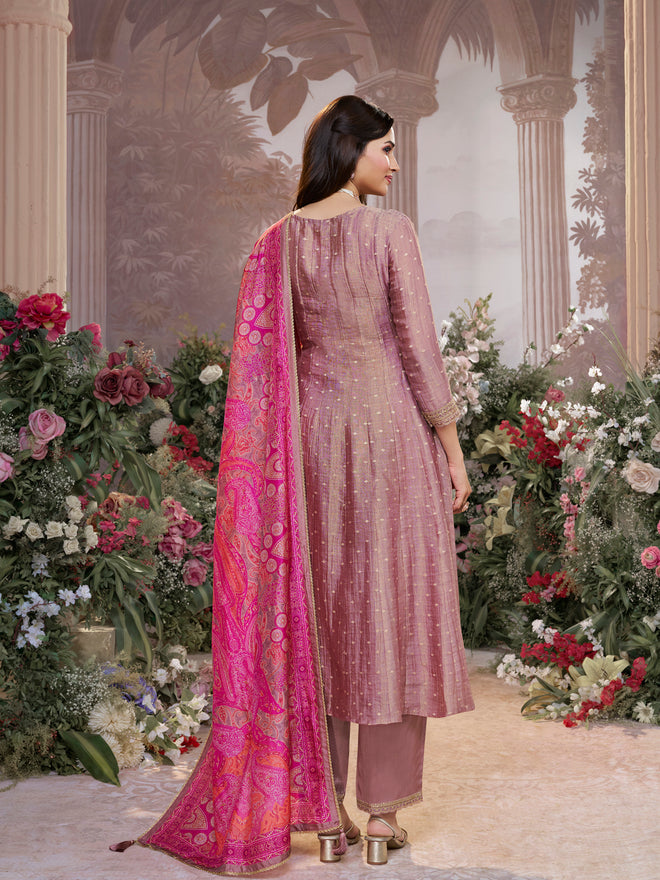 Dusty Rose Tissue Silk Embroidered Anarkali Suit Set with Pink Contrast Digital Print Russian Silk Dupatta