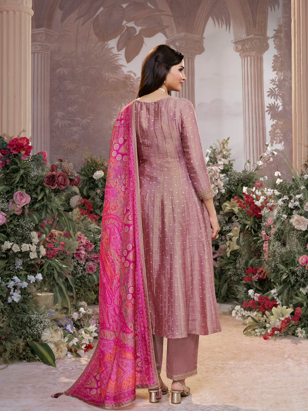 Dusty Rose Tissue Silk Embroidered Anarkali Suit Set with Pink Contrast Digital Print Russian Silk Dupatta