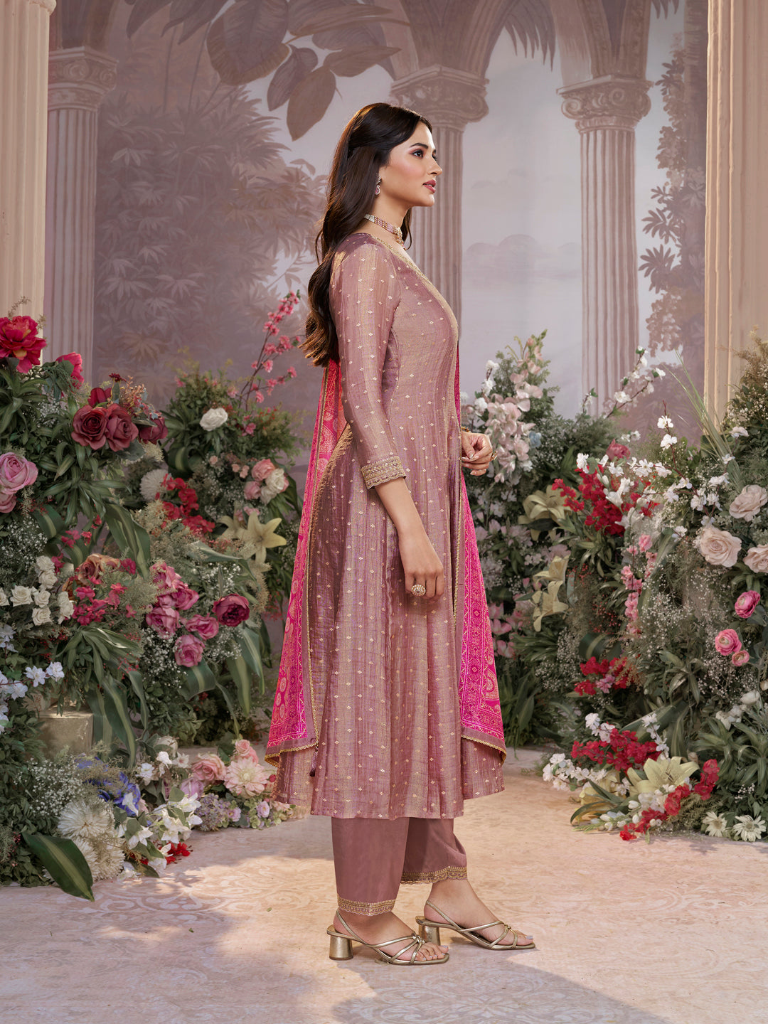 Dusty Rose Tissue Silk Embroidered Anarkali Suit Set with Pink Contrast Digital Print Russian Silk Dupatta