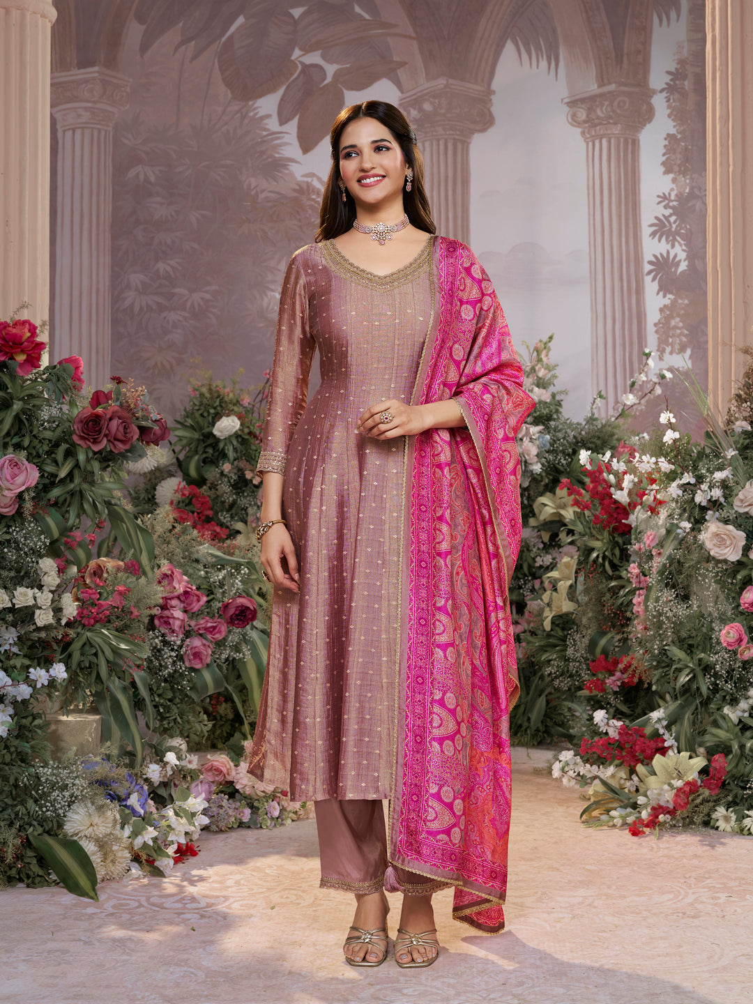 Dusty Rose Tissue Silk Embroidered Anarkali Suit Set with Pink Contrast Digital Print Russian Silk Dupatta