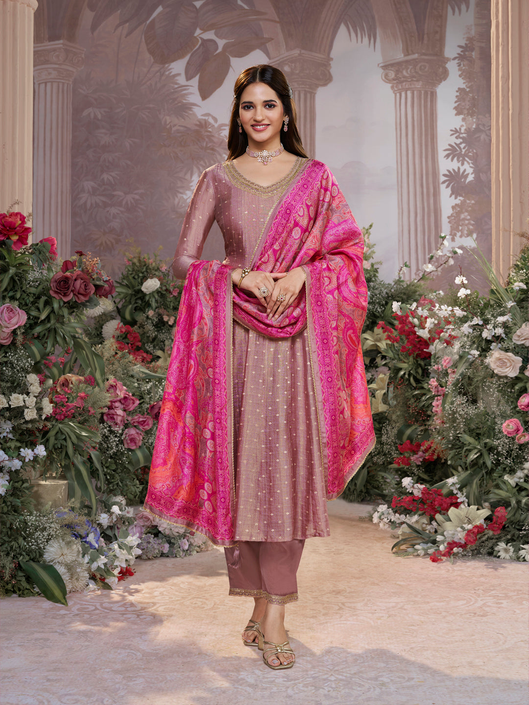 Dusty Rose Tissue Silk Embroidered Anarkali Suit Set with Pink Contrast Digital Print Russian Silk Dupatta