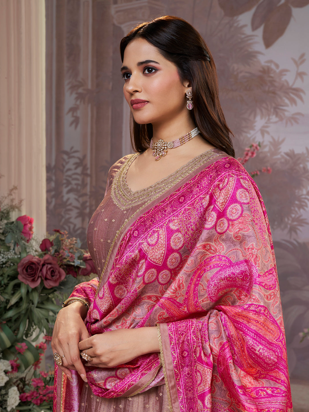 Dusty Rose Tissue Silk Embroidered Anarkali Suit Set with Pink Contrast Digital Print Russian Silk Dupatta