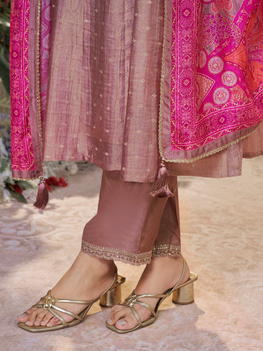 Dusty Rose Tissue Silk Embroidered Anarkali Suit Set with Pink Contrast Digital Print Russian Silk Dupatta