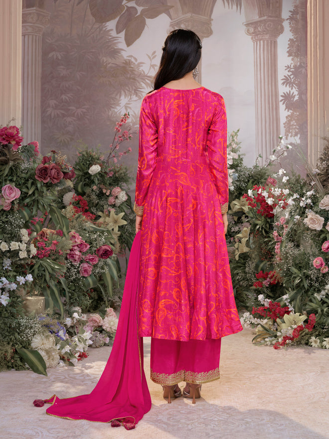 Pink Digital Printed Mirror Embroidered Anarkali Suit Set