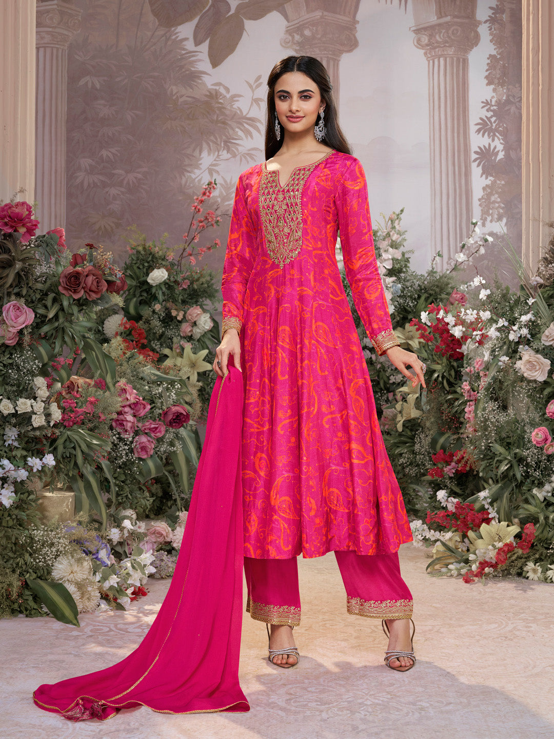 Pink Digital Printed Mirror Embroidered Anarkali Suit Set