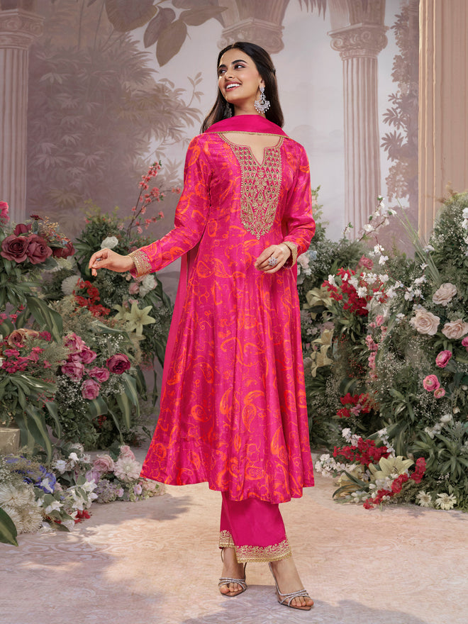 Pink Digital Printed Mirror Embroidered Anarkali Suit Set