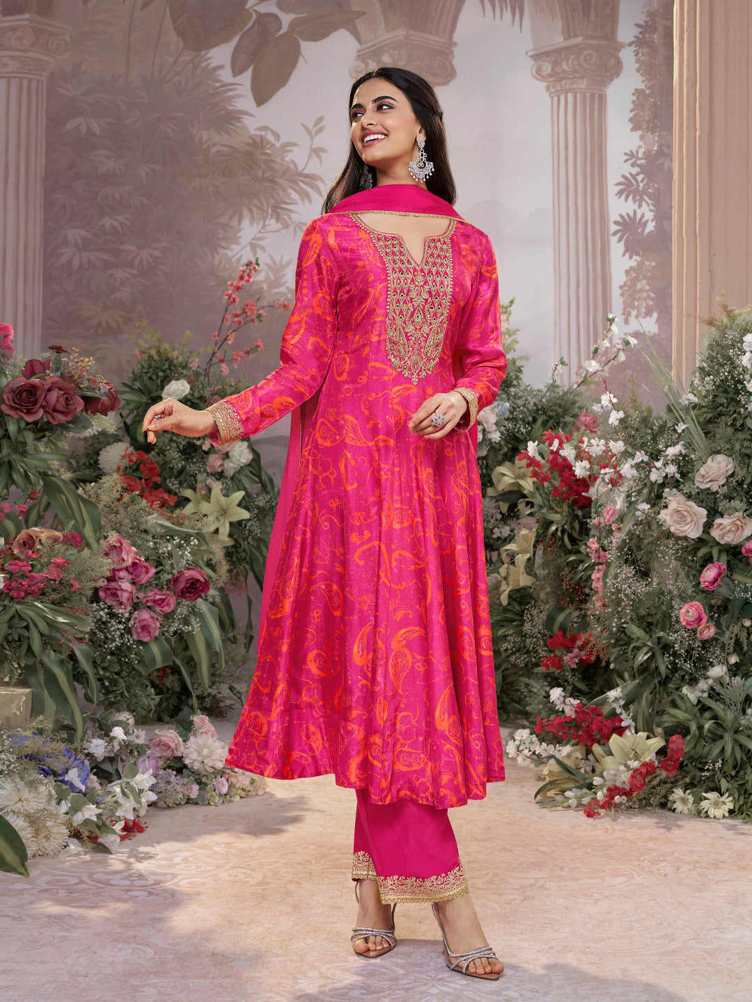Pink Digital Printed Mirror Embroidered Anarkali Suit Set