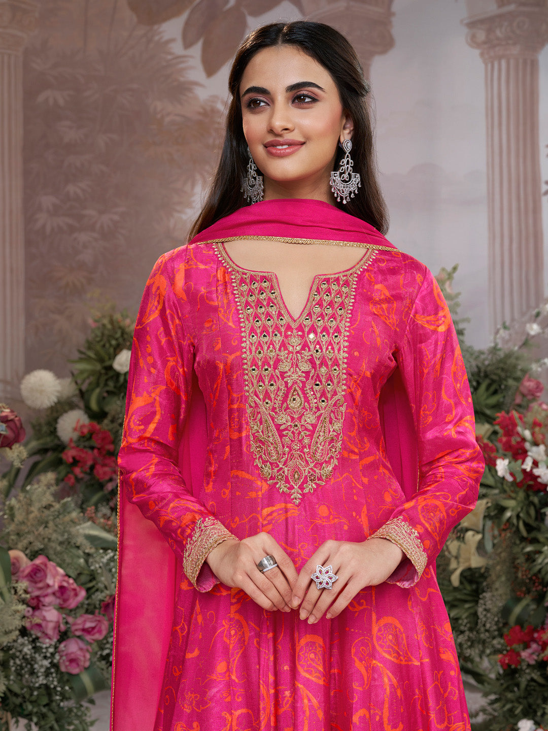 Pink Digital Printed Mirror Embroidered Anarkali Suit Set