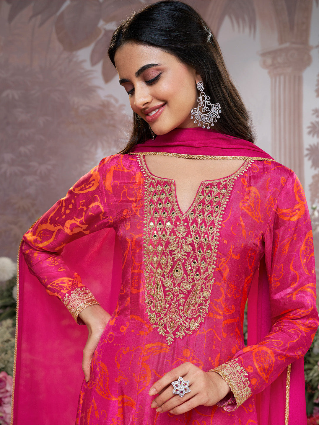 Pink Digital Printed Mirror Embroidered Anarkali Suit Set