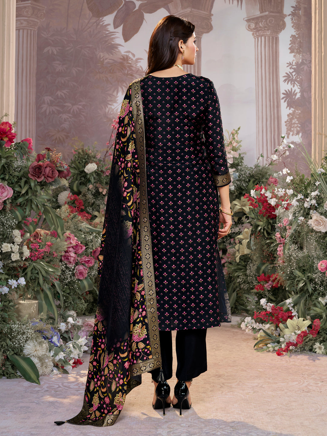 Black Russian Silk Kurta Set with Digital Print Work Paired with Russian Silk Digital Printed Dupatta