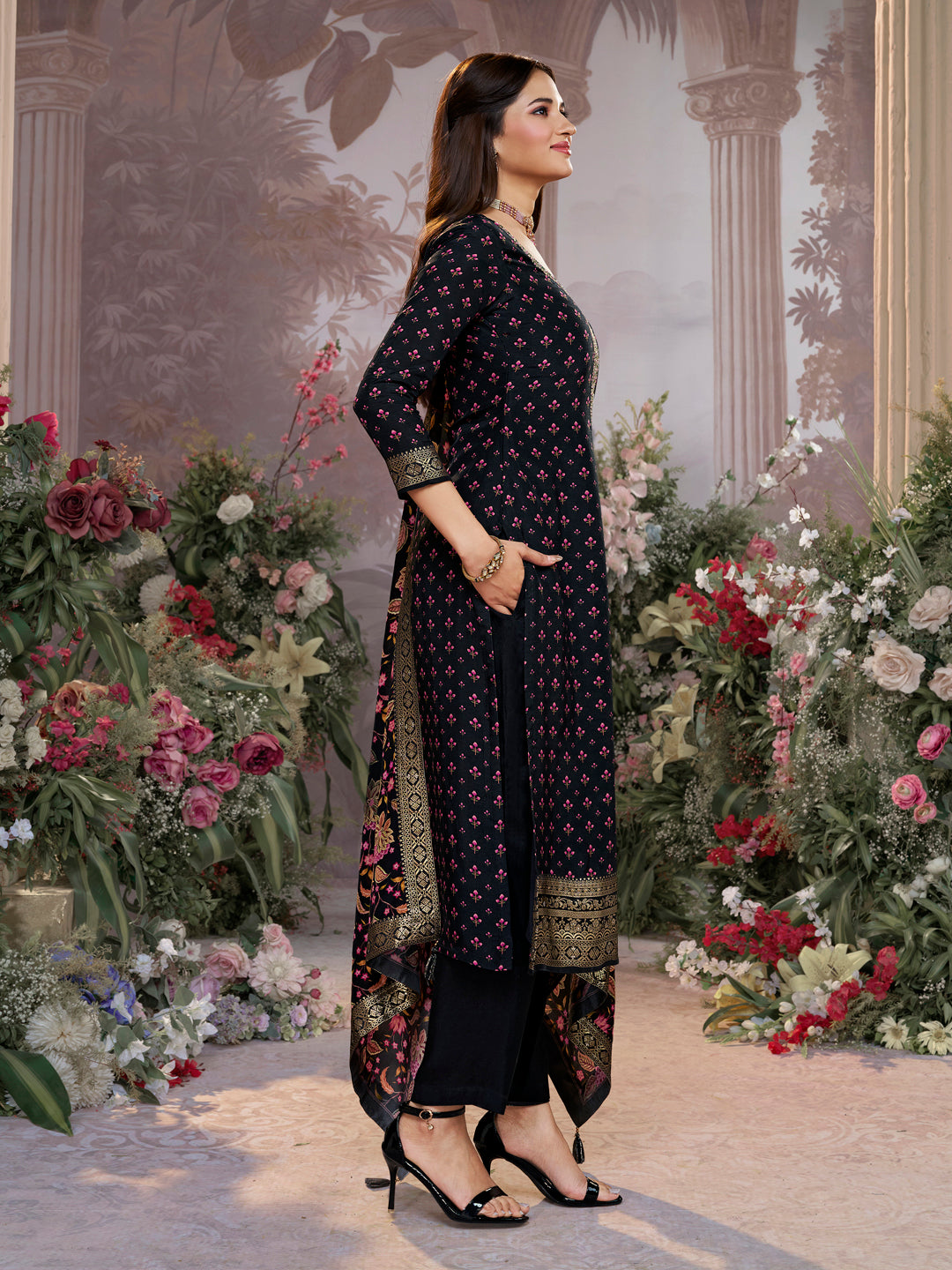 Black Russian Silk Kurta Set with Digital Print Work Paired with Russian Silk Digital Printed Duppatta