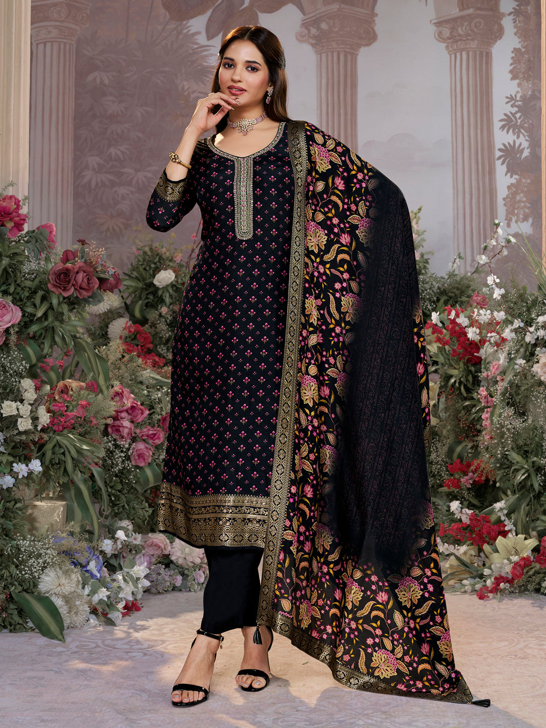 Black Russian Silk Kurta Set with Digital Print Work Paired with Russian Silk Digital Printed Duppatta
