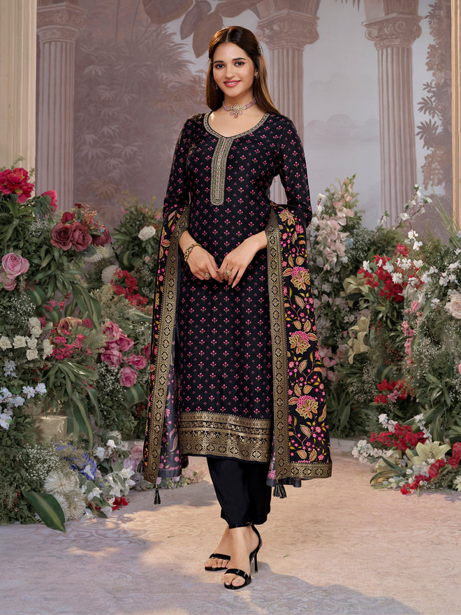 Black Russian Silk Kurta Set with Digital Print Work Paired with Russian Silk Digital Printed Duppatta