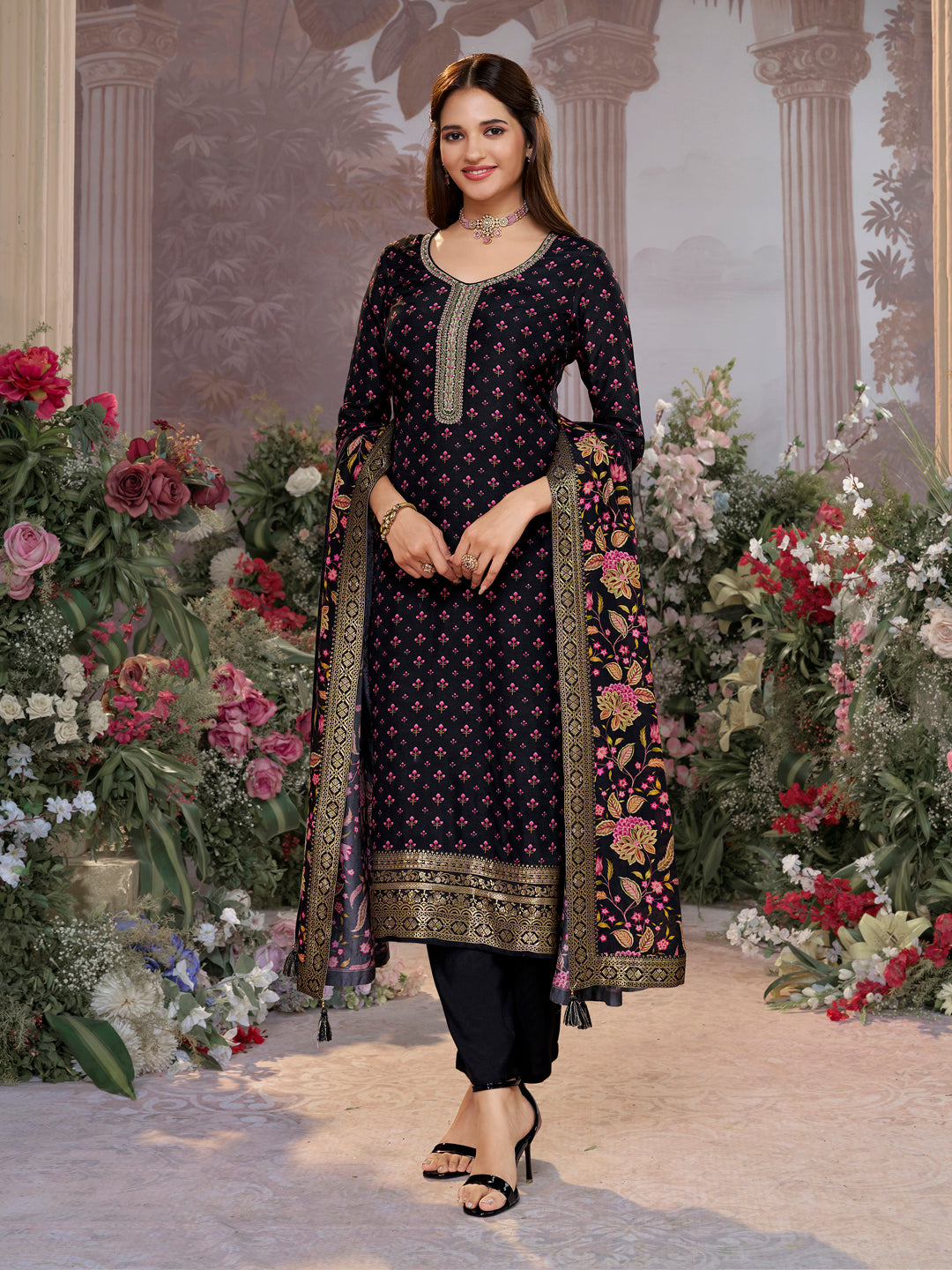 Black Russian Silk Kurta Set with Digital Print Work Paired with Russian Silk Digital Printed Dupatta