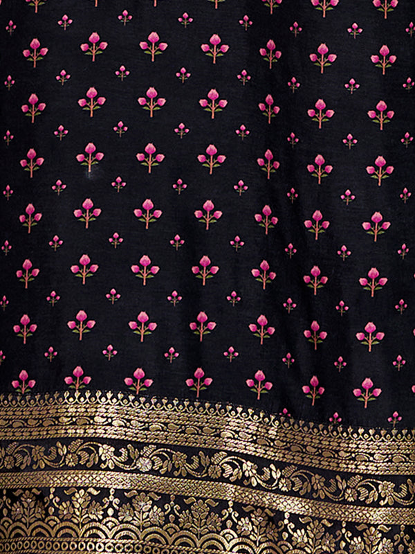 Black Russian Silk Kurta Set with Digital Print Work Paired with Russian Silk Digital Printed Dupatta