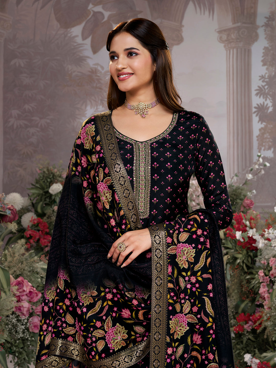 Black Russian Silk Kurta Set with Digital Print Work Paired with Russian Silk Digital Printed Duppatta