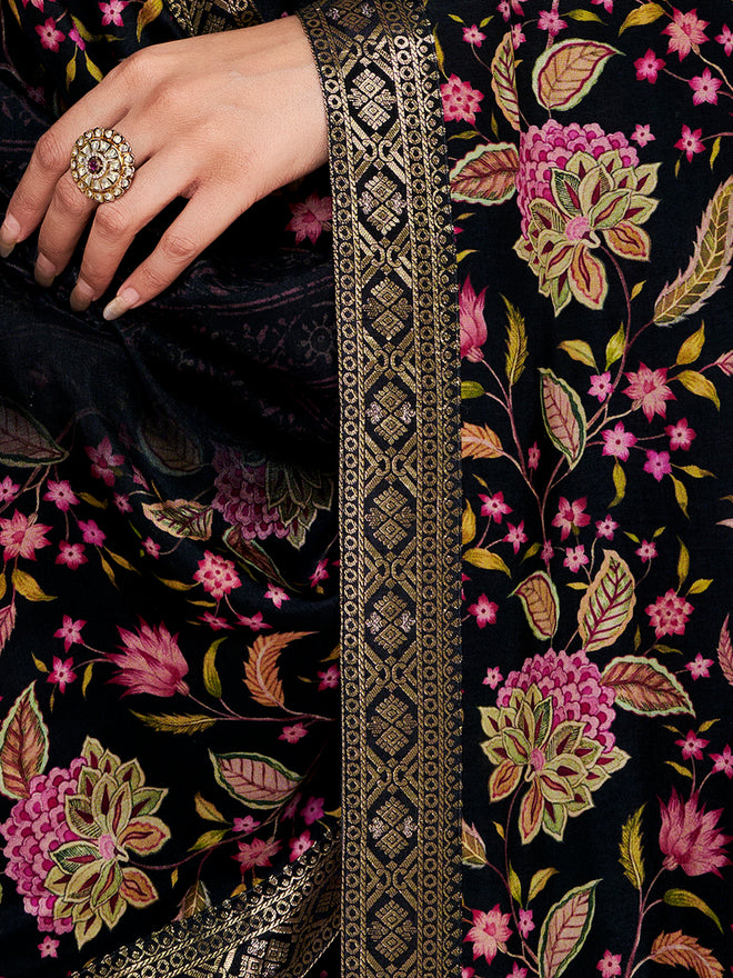 Black Russian Silk Kurta Set with Digital Print Work Paired with Russian Silk Digital Printed Duppatta