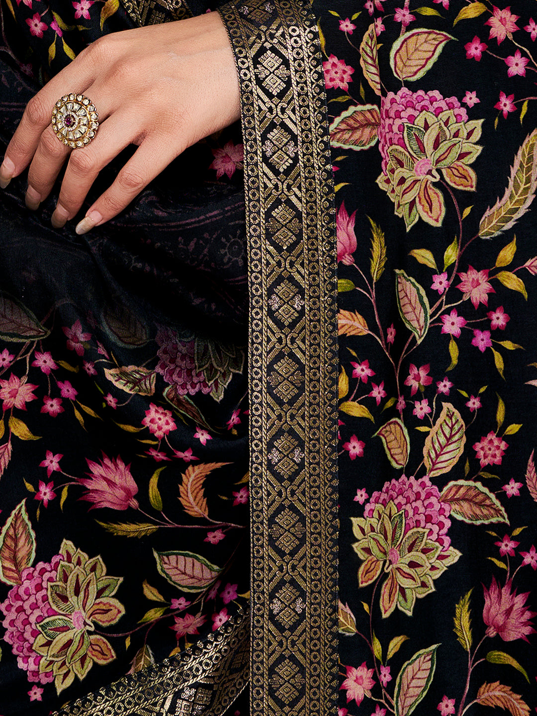 Black Russian Silk Kurta Set with Digital Print Work Paired with Russian Silk Digital Printed Duppatta
