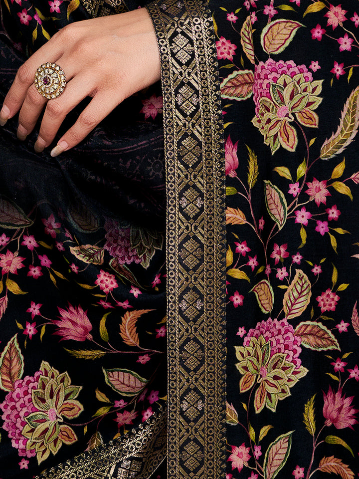Black Russian Silk Kurta Set with Digital Print Work Paired with Russian Silk Digital Printed Duppatta