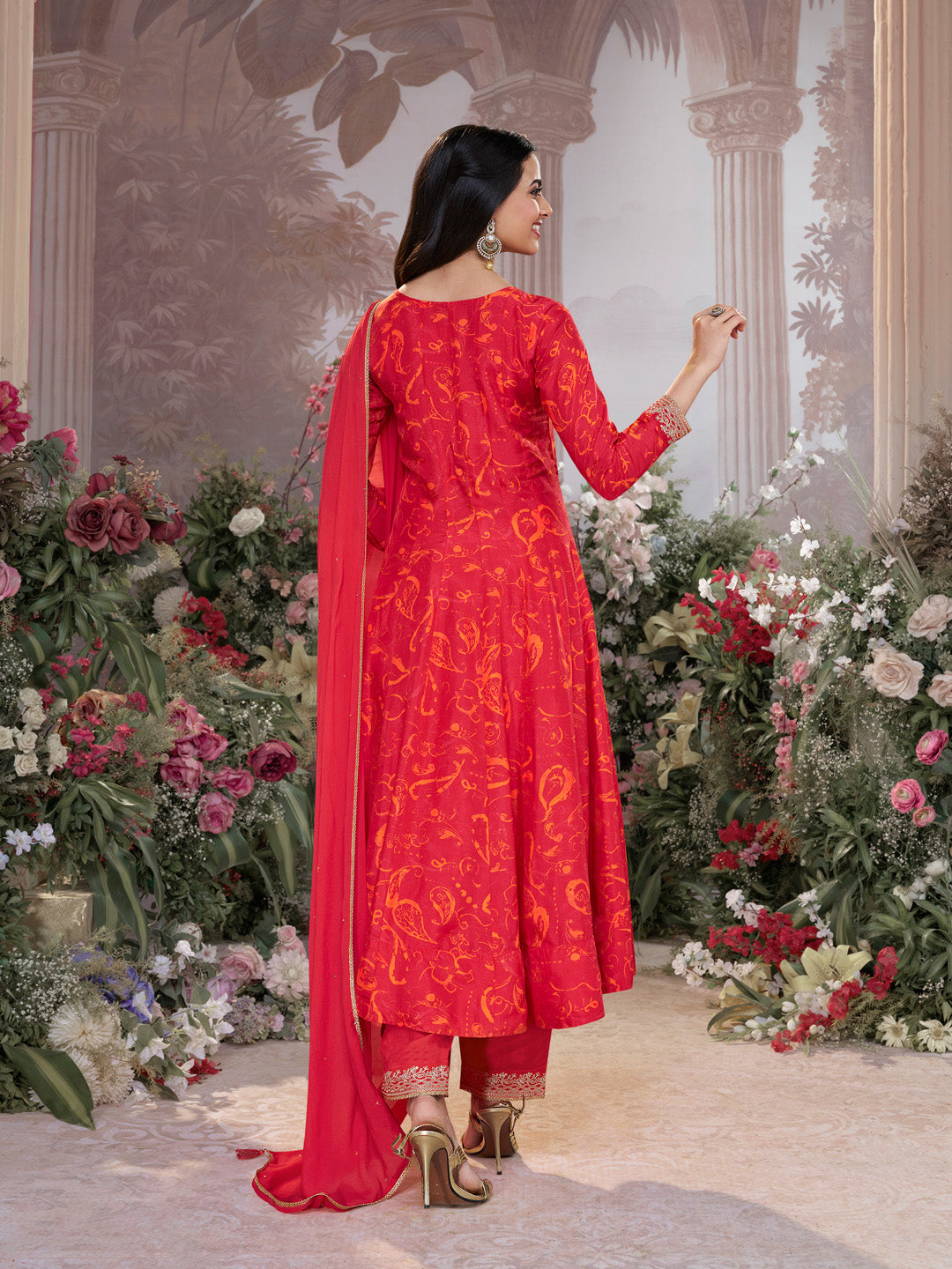Red Digital Printed Mirror Embroidered Anarkali Suit Set