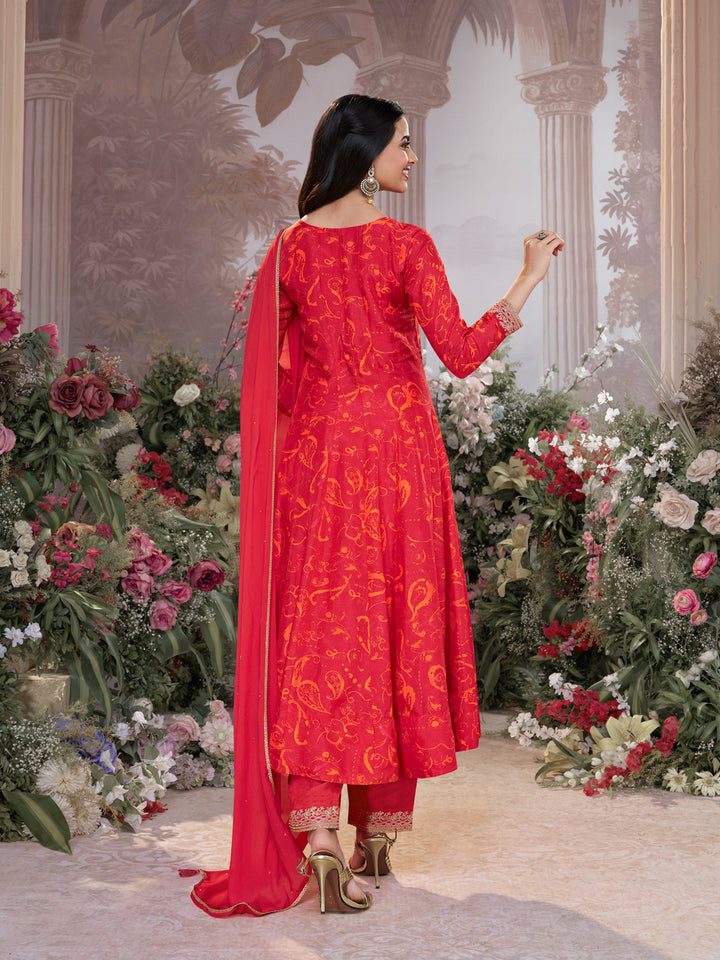 Red Digital Printed Mirror Embroidered Anarkali Suit Set