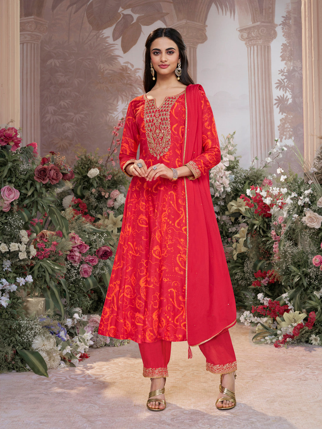 Red Digital Printed Mirror Embroidered Anarkali Suit Set