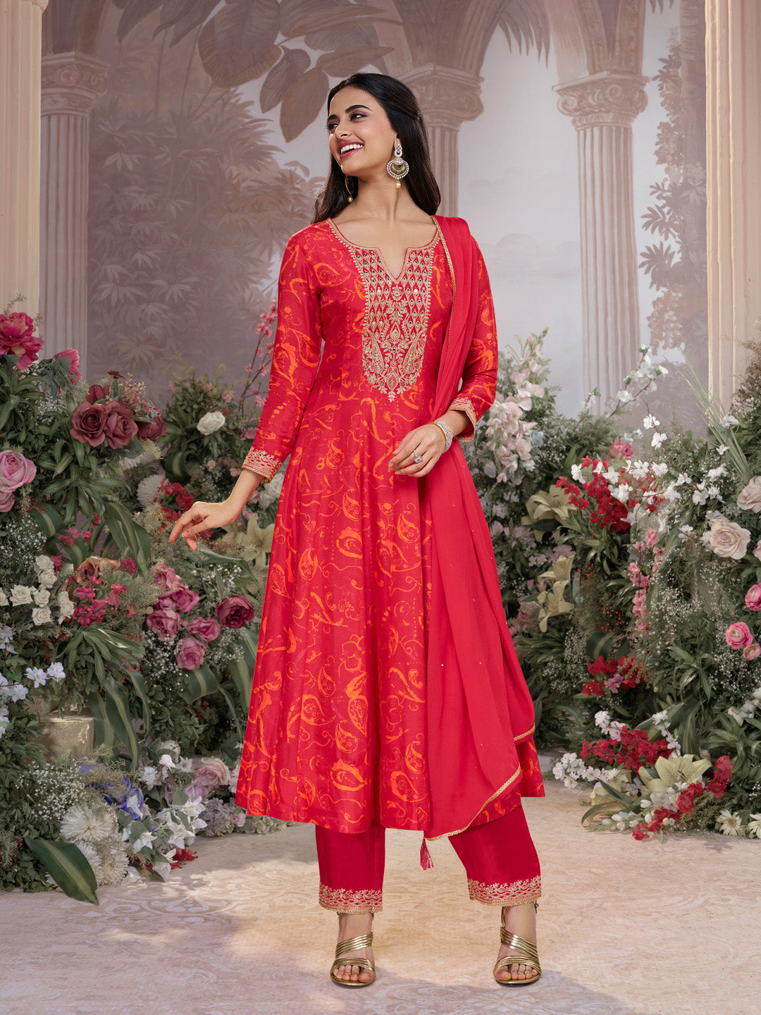Red Digital Printed Mirror Embroidered Anarkali Suit Set