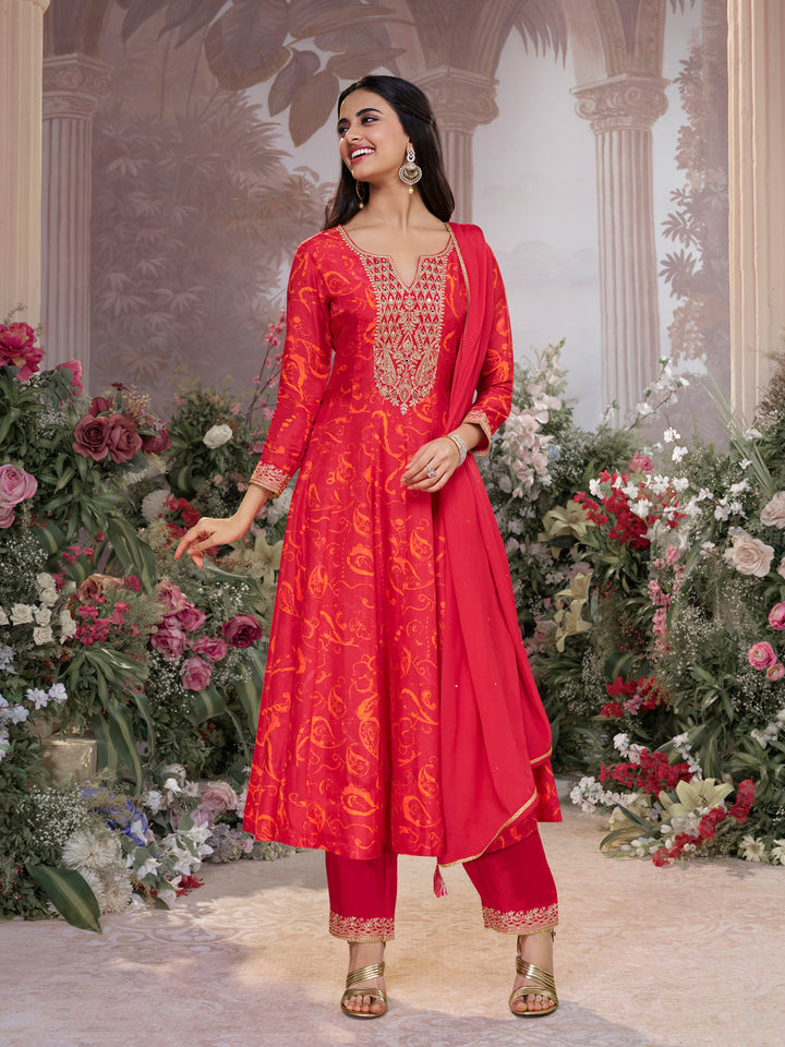 Red Digital Printed Mirror Embroidered Anarkali Suit Set
