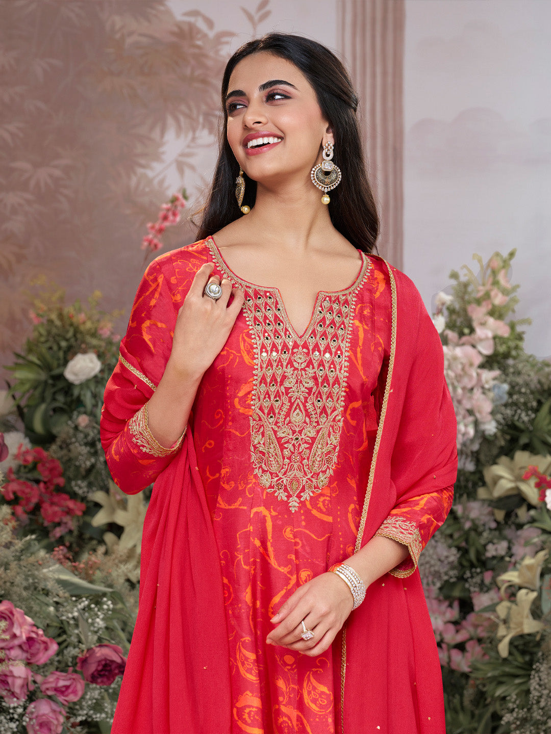 Red Digital Printed Mirror Embroidered Anarkali Suit Set