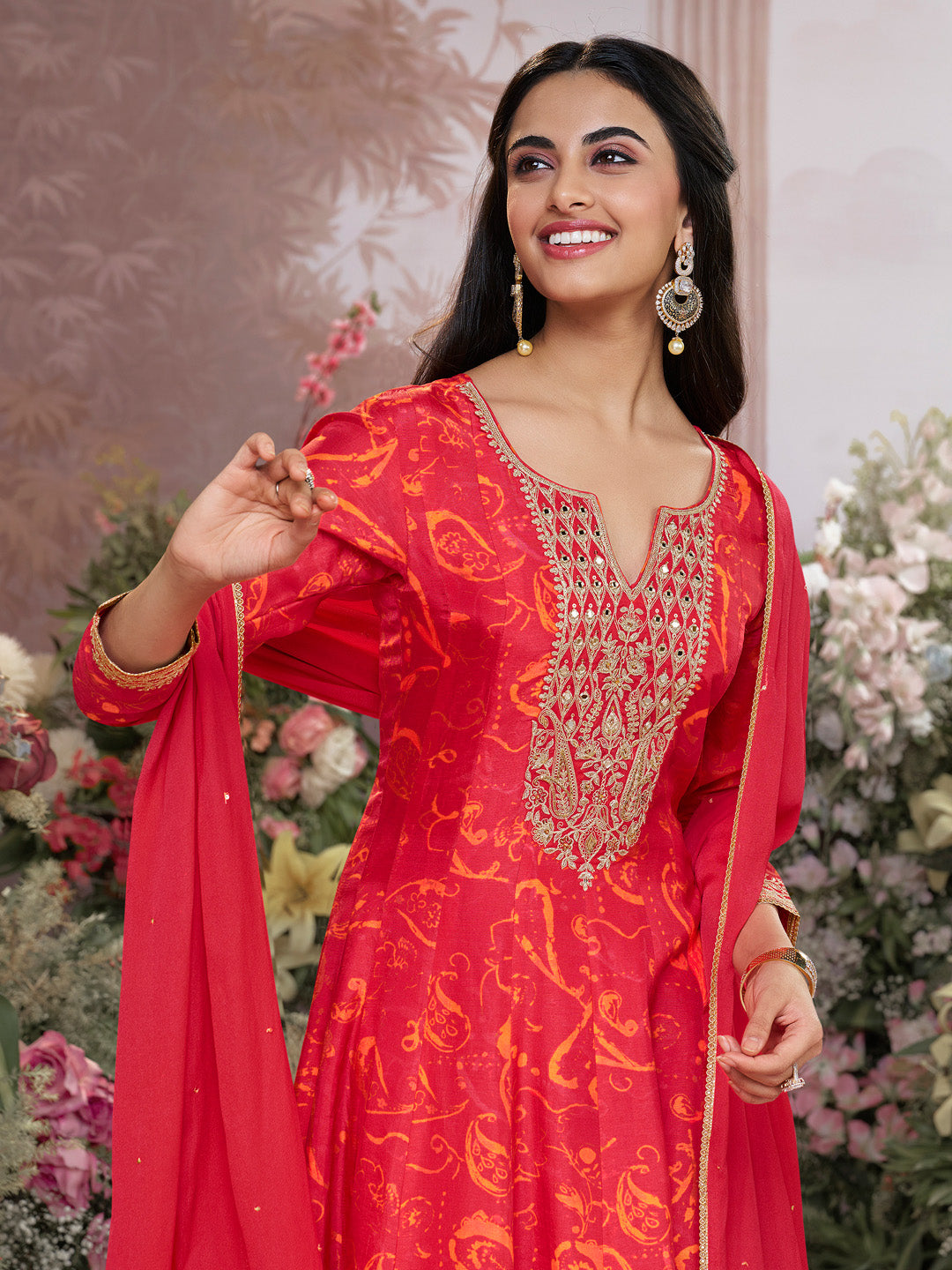 Red Digital Printed Mirror Embroidered Anarkali Suit Set