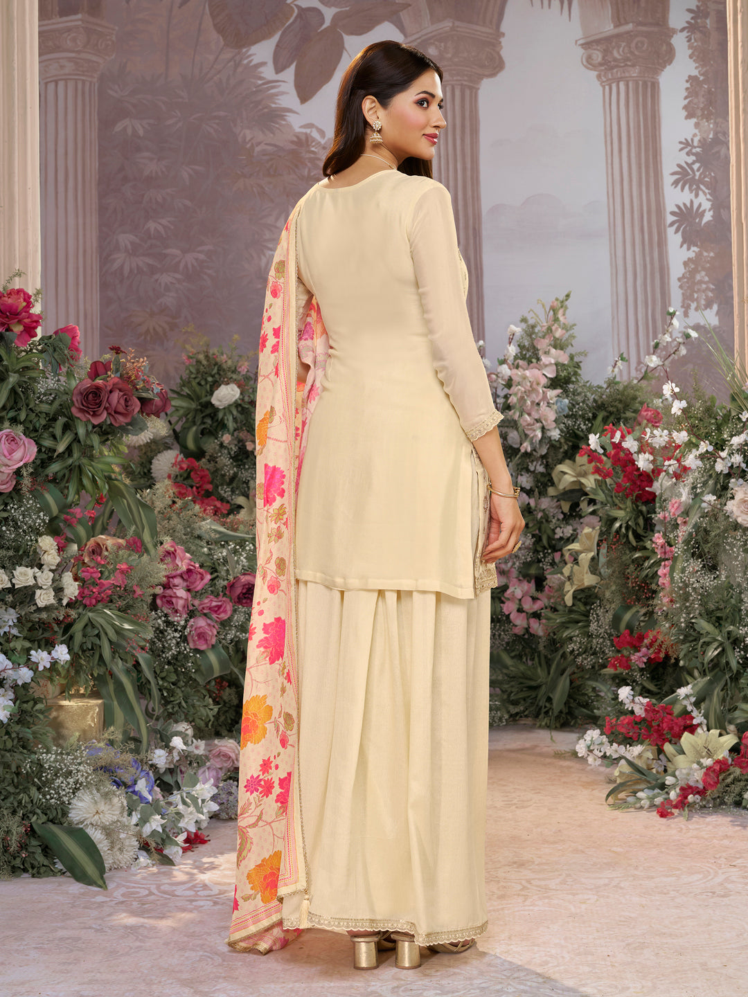 Off-White Chinon Kurta Set with Embroidered Work Paired with Digital Printed Dola Silk Dupatta