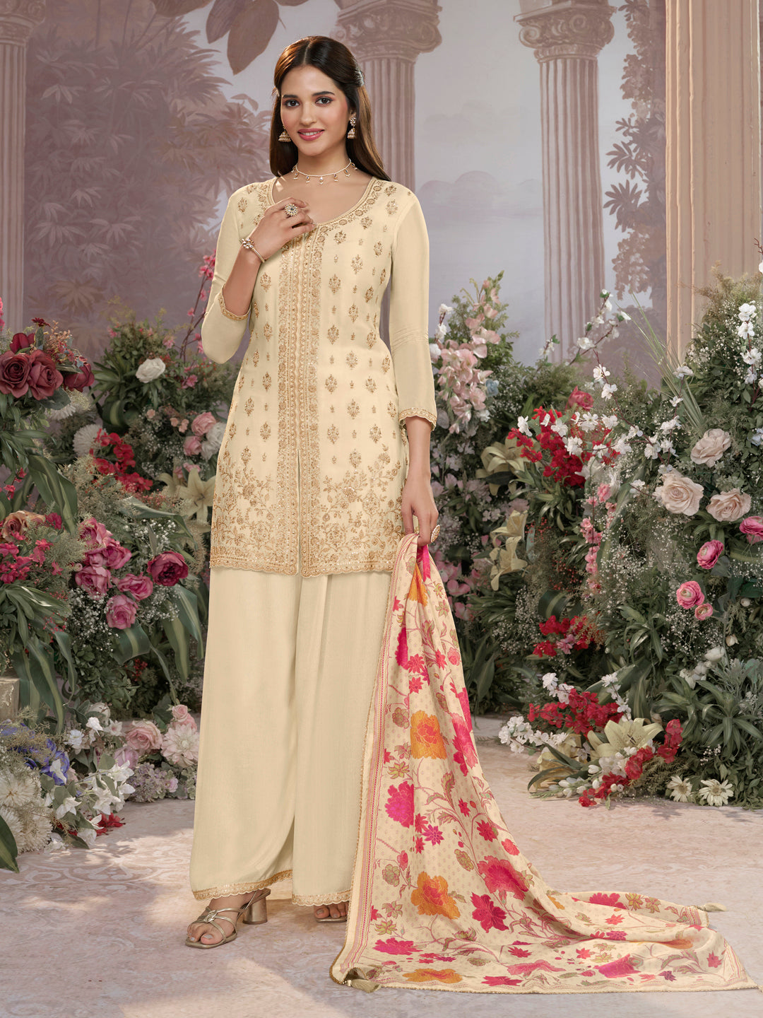 Off-White Chinon Kurta Set with Embroidered Work Paired with Digital Printed Dola Silk Dupatta