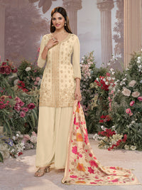 Off-White Chinon Sharara Set with Embroidered Work Paired with Digital Printed Dola Silk Dupatta