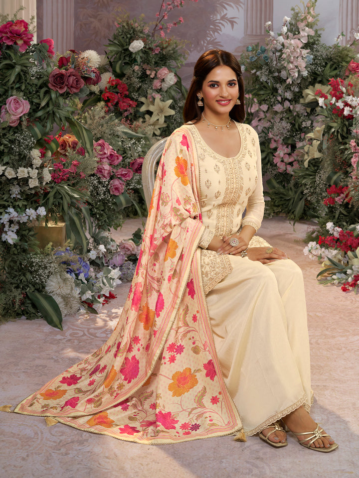 Off-White Chinon Kurta Set with Embroidered Work Paired with Digital Printed Dola Silk Dupatta