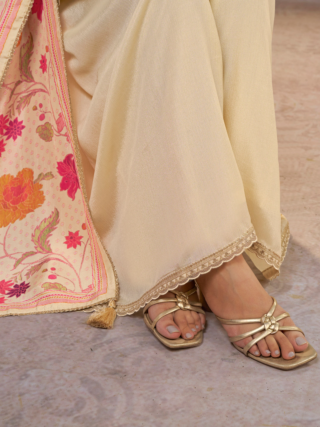 Off-White Chinon Kurta Set with Embroidered Work Paired with Digital Printed Dola Silk Dupatta