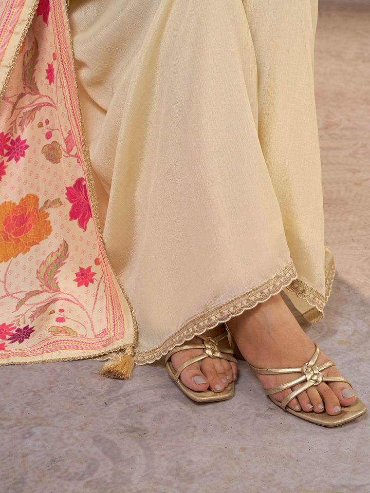Off-White Chinon Kurta Set with Embroidered Work Paired with Digital Printed Dola Silk Dupatta