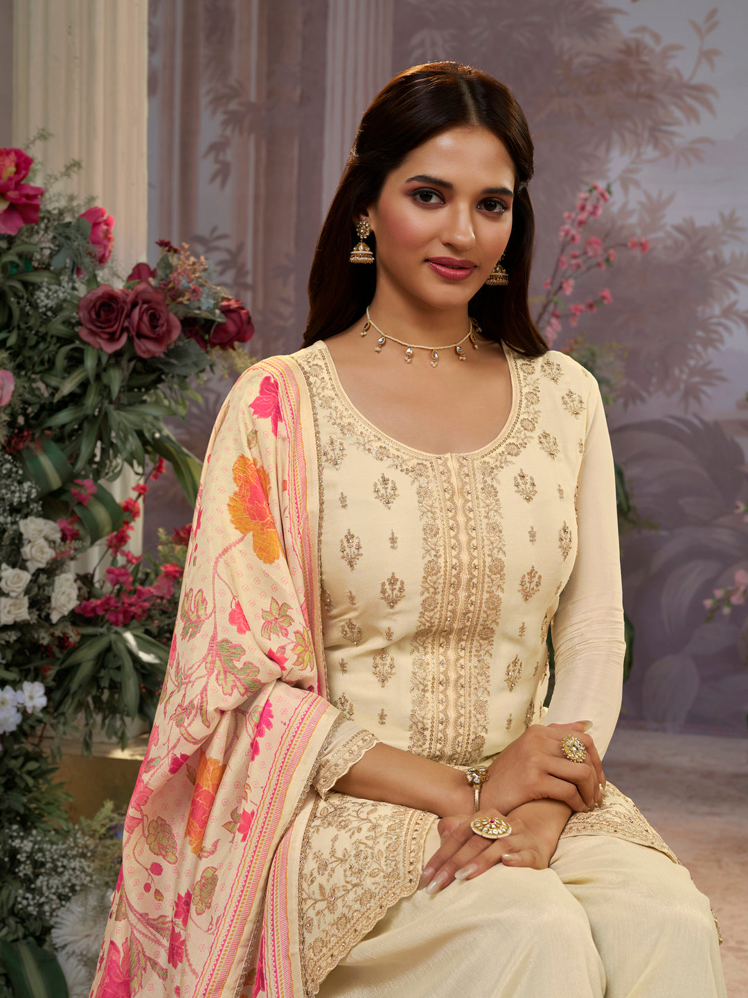 Off-White Chinon Kurta Set with Embroidered Work Paired with Digital Printed Dola Silk Dupatta