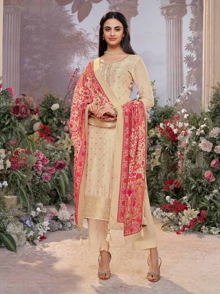Off-White Dola Silk Kurta Set with Jacquard Detailing and Intricate Embroidery, Paired with a Cherry Silk Dupatta