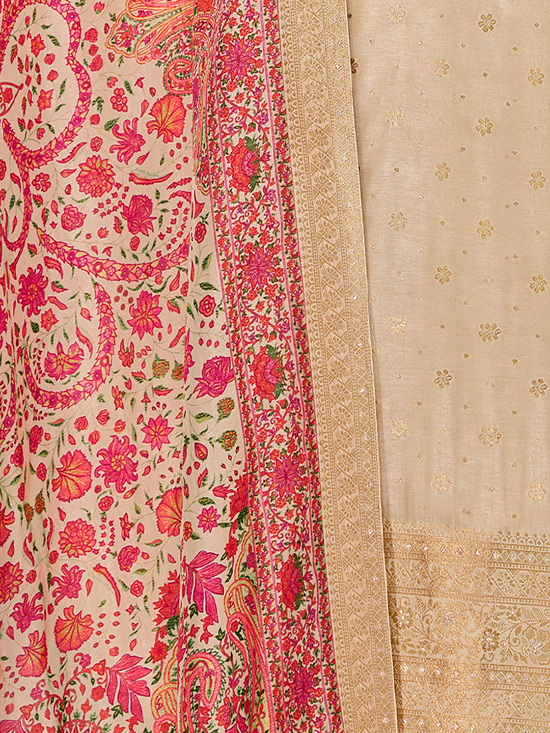 Off-White Dola Silk Kurta Set with Jacquard Detailing and Intricate Embroidery, Paired with a Cherry Silk Dupatta