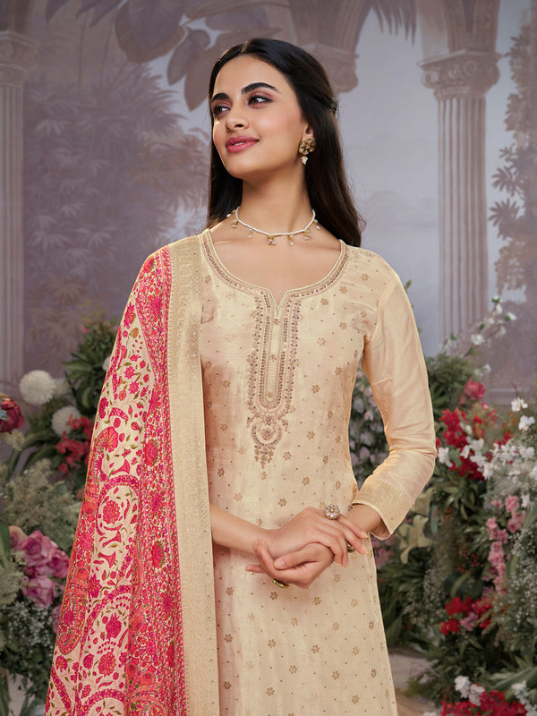 Off-White Dola Silk Kurta Set with Jacquard Detailing and Intricate Embroidery, Paired with a Cherry Silk Dupatta