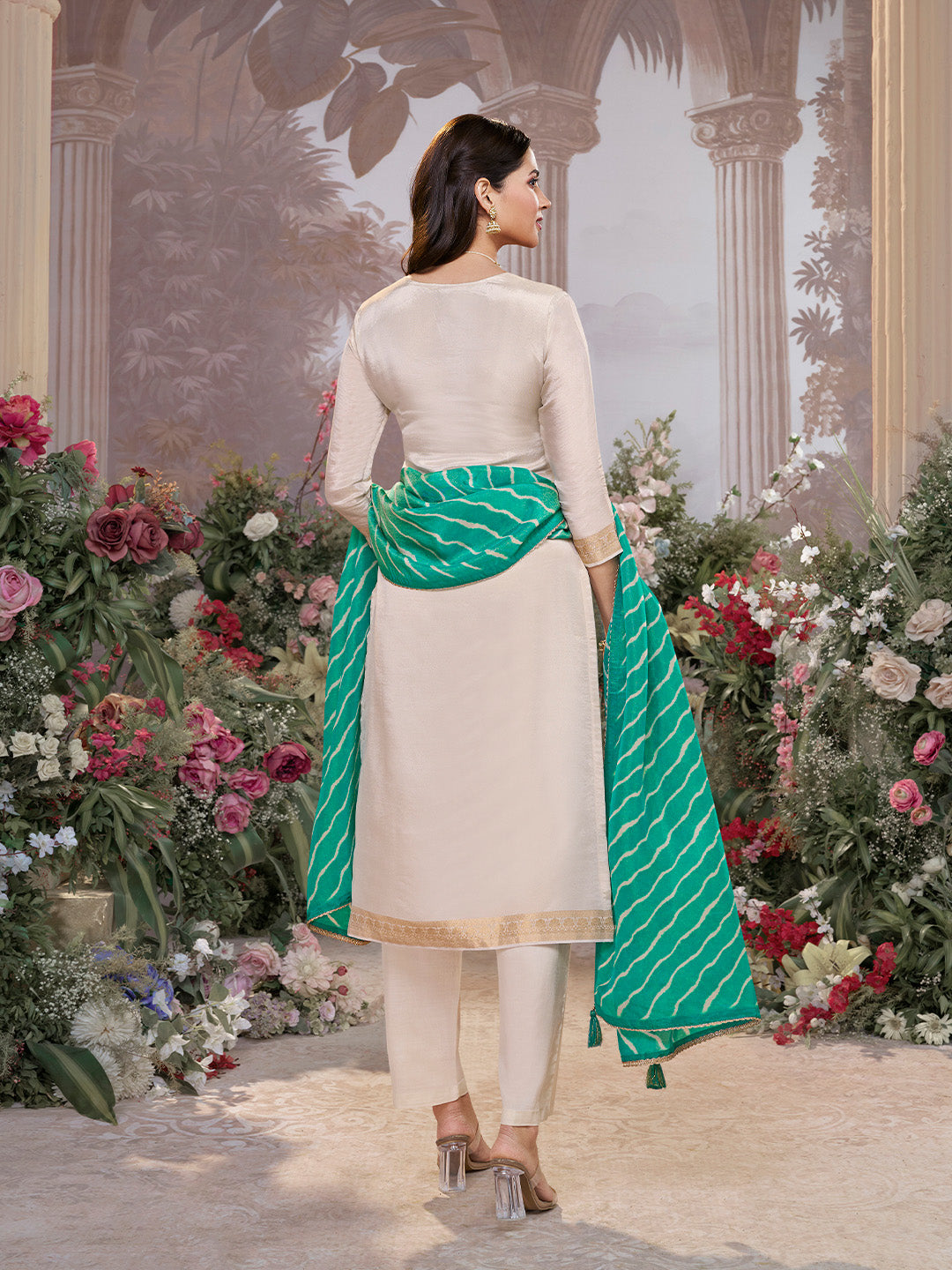 Cream Tissue Jacquard Kurta Set with Teal Green Contrast Digital Print Dupatta