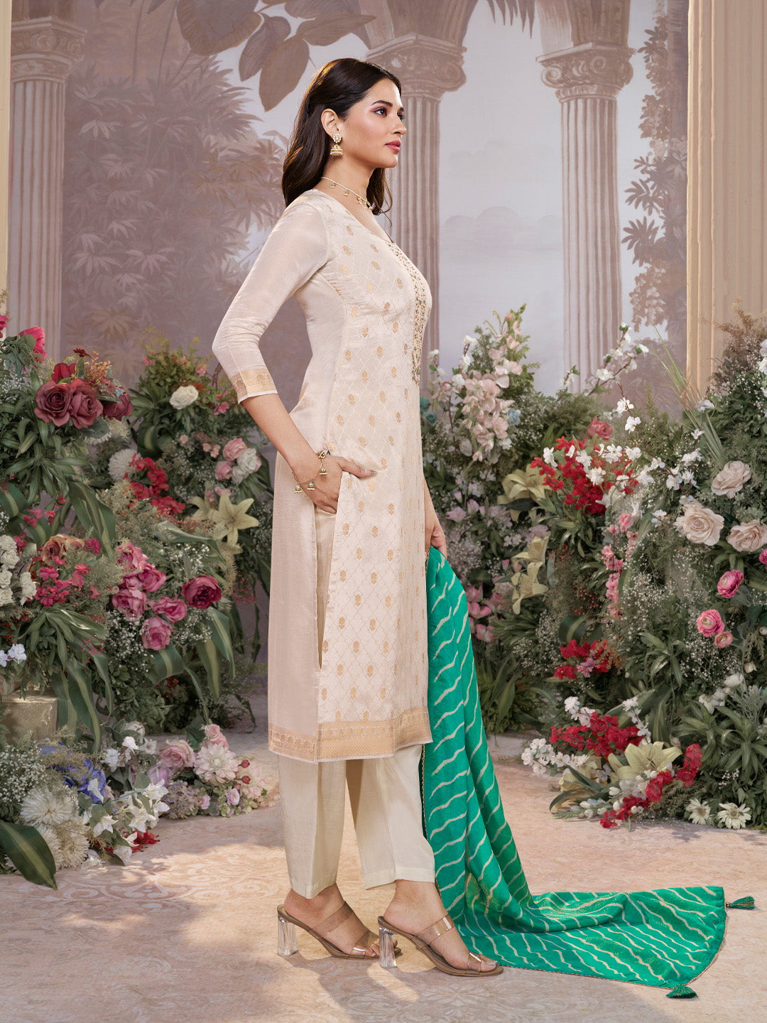 Cream Tissue Jacquard Kurta Set with Teal Green Contrast Digital Print Dupatta