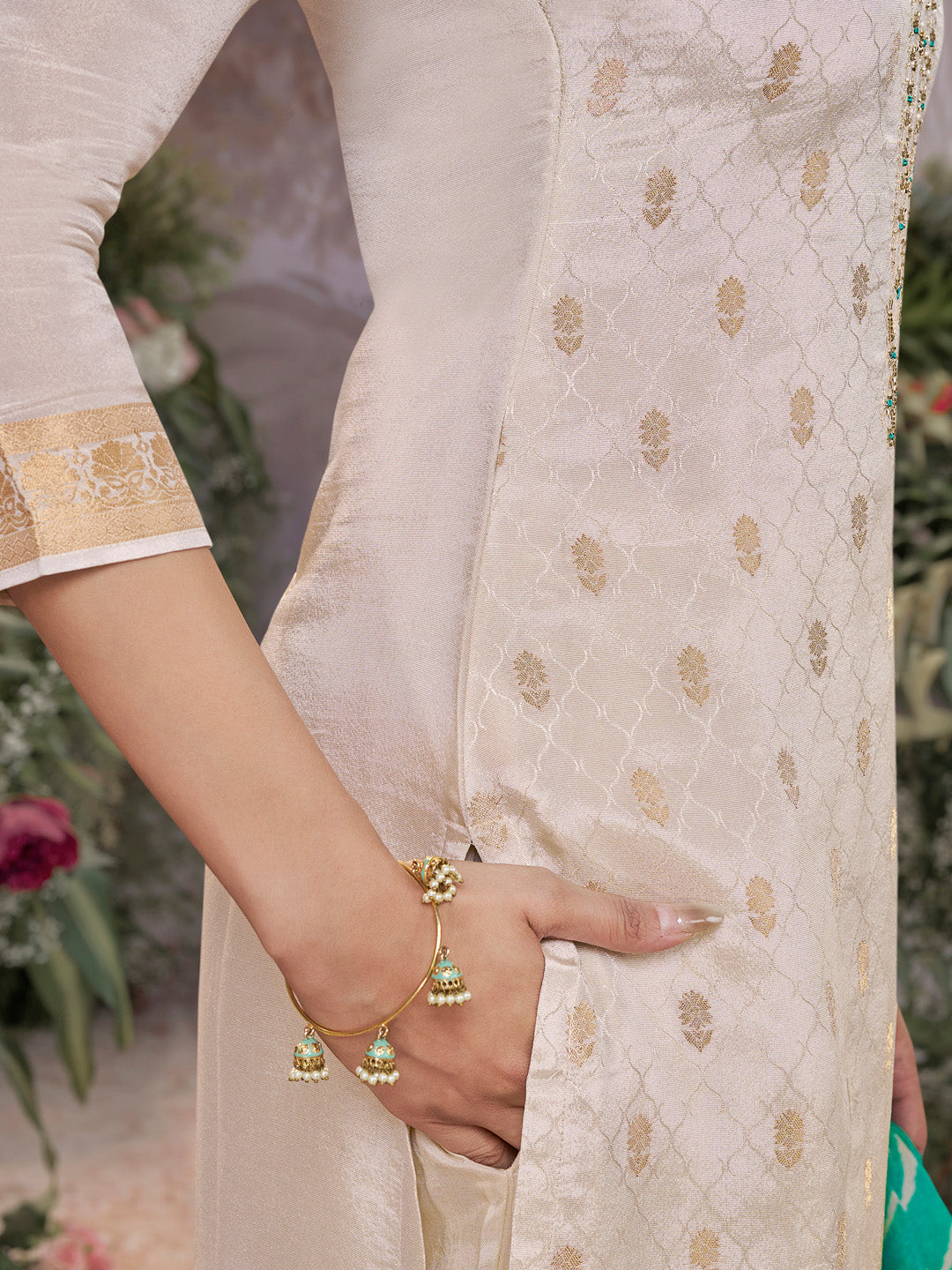 Cream Tissue Jacquard Kurta Set with Teal Green Contrast Digital Print Dupatta